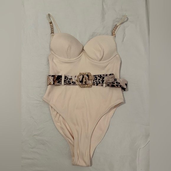 River Island Swim Cream One Piece Swimsuit With Animal Print Gold Buckle Belt Poshmark